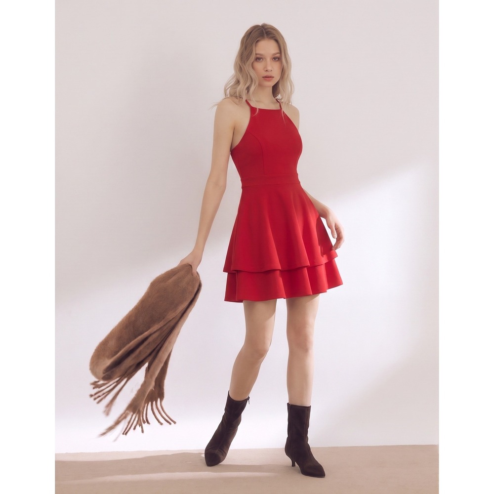 Altar'd State Red Lace Back Tiered Skater Dress Small Sleeveless Mini Party